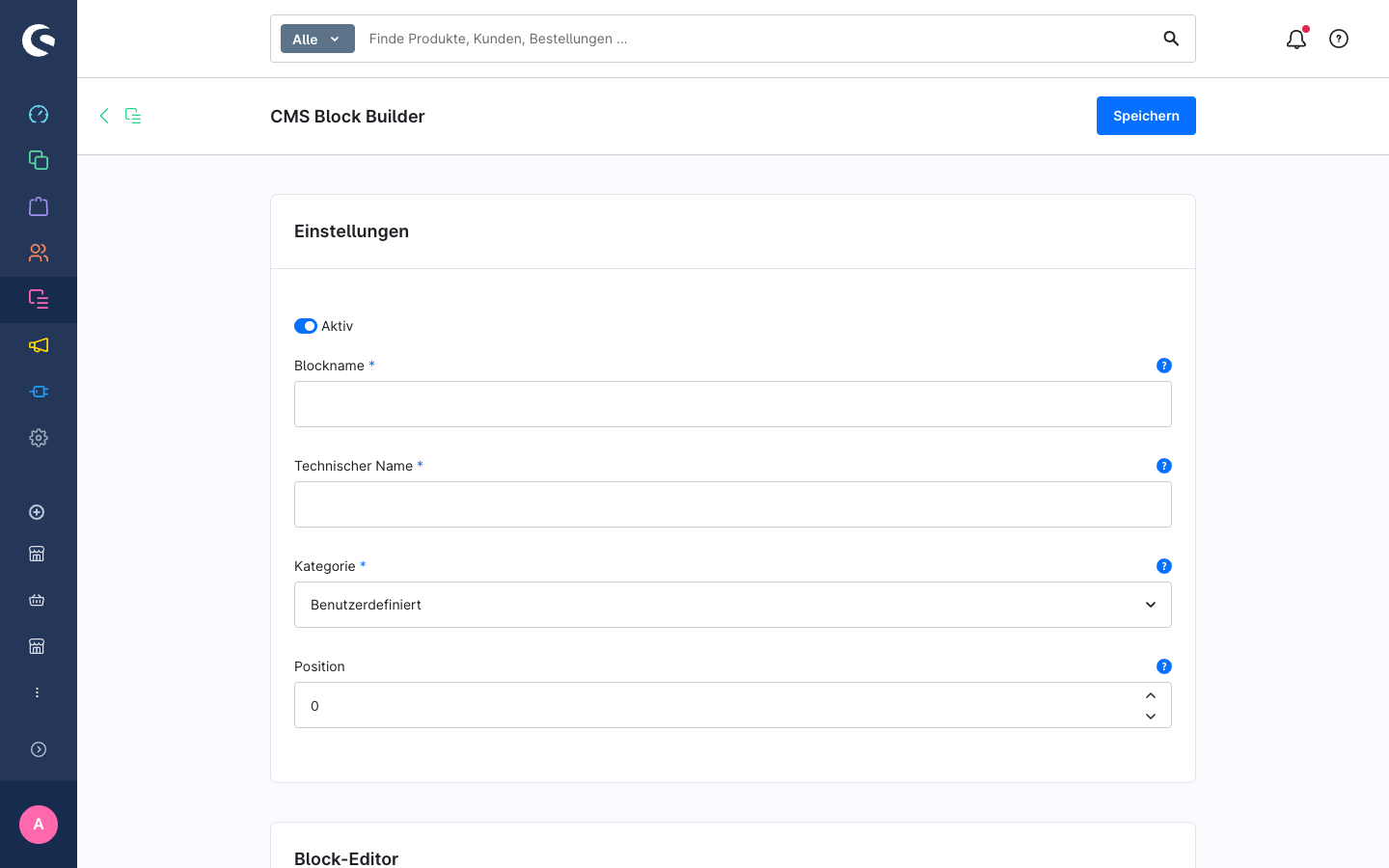 Block-Editor — leerer Zustand mit Vorlagen-Karten