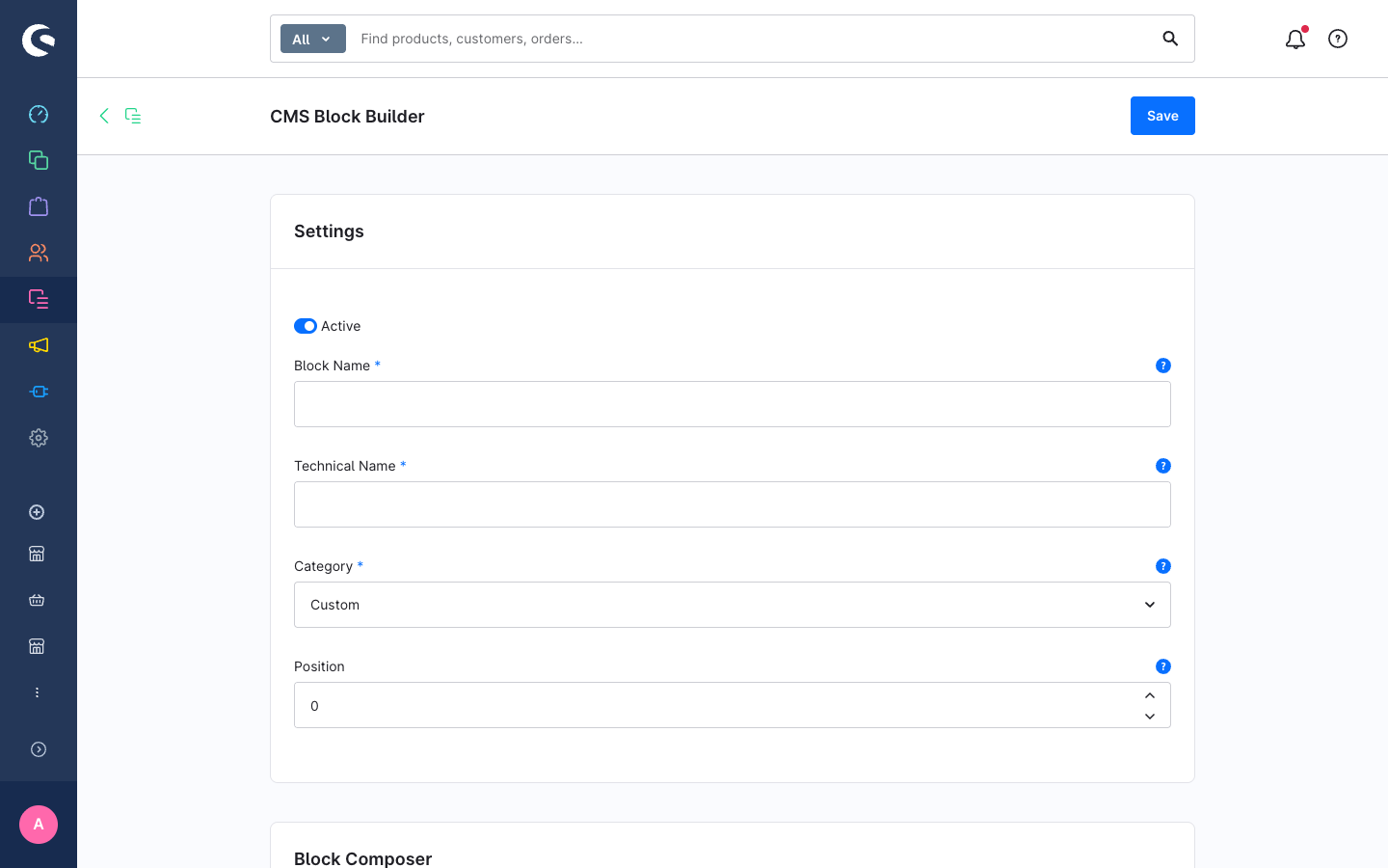 Block Composer empty state with layout preset cards