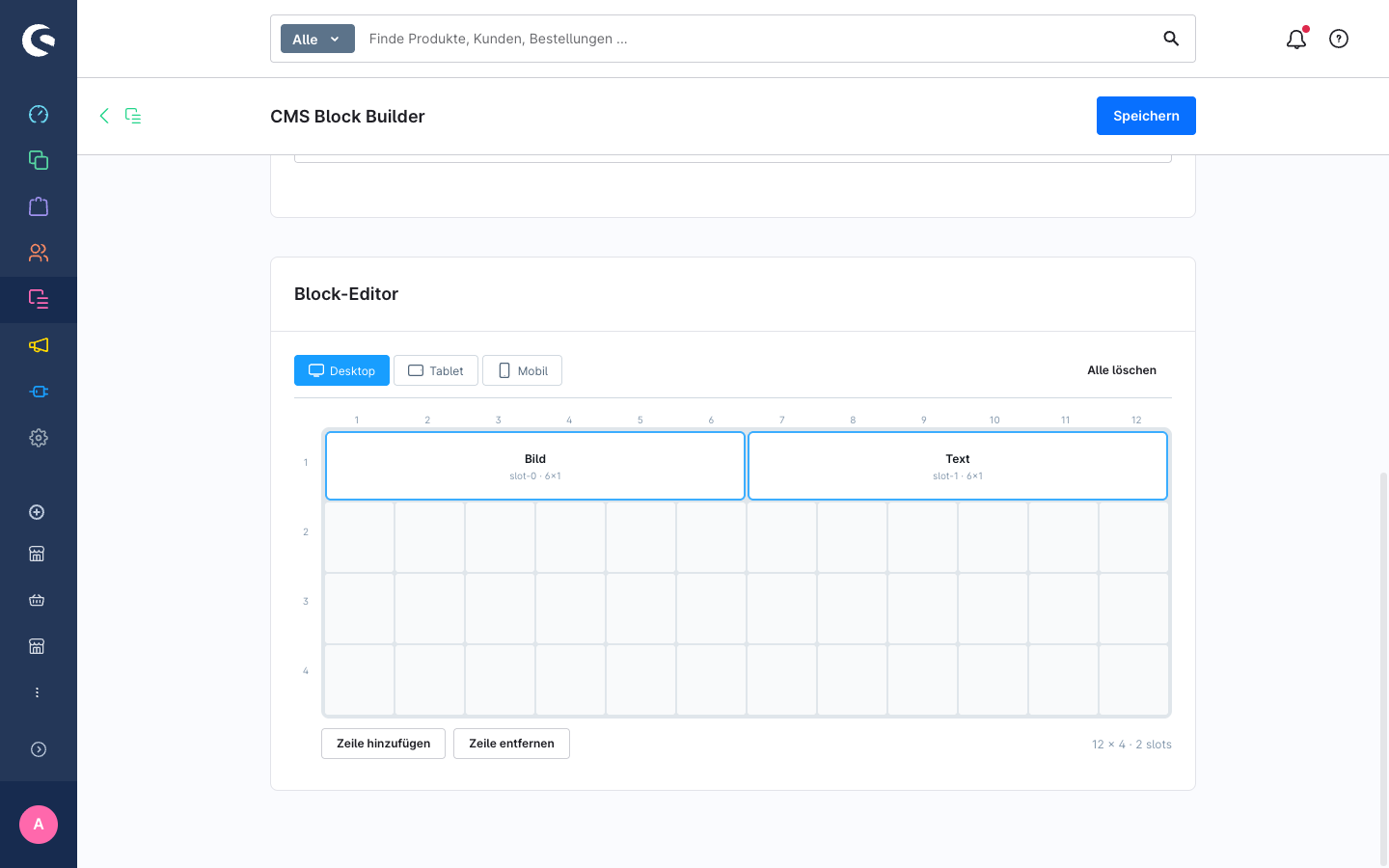 Block-Editor mit zugewiesenen Bereichen und CMS-Elementen