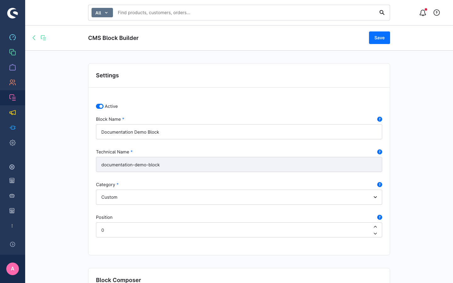 Block settings card showing Name, Technical Name, Category, and Position fields