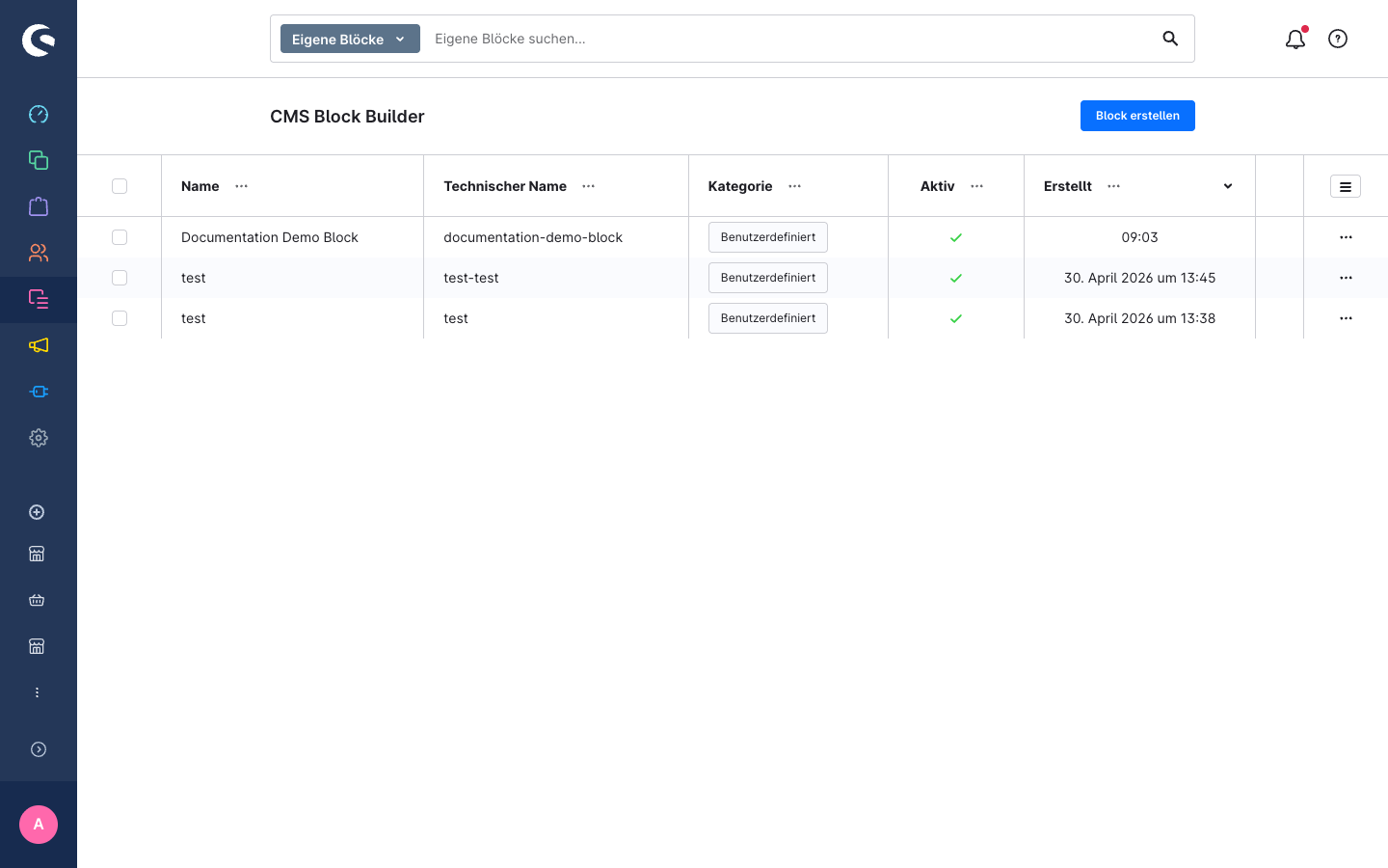 CMS Block Builder Listenseite mit Blöcken, Kategorie-Badges und Kontextmenü