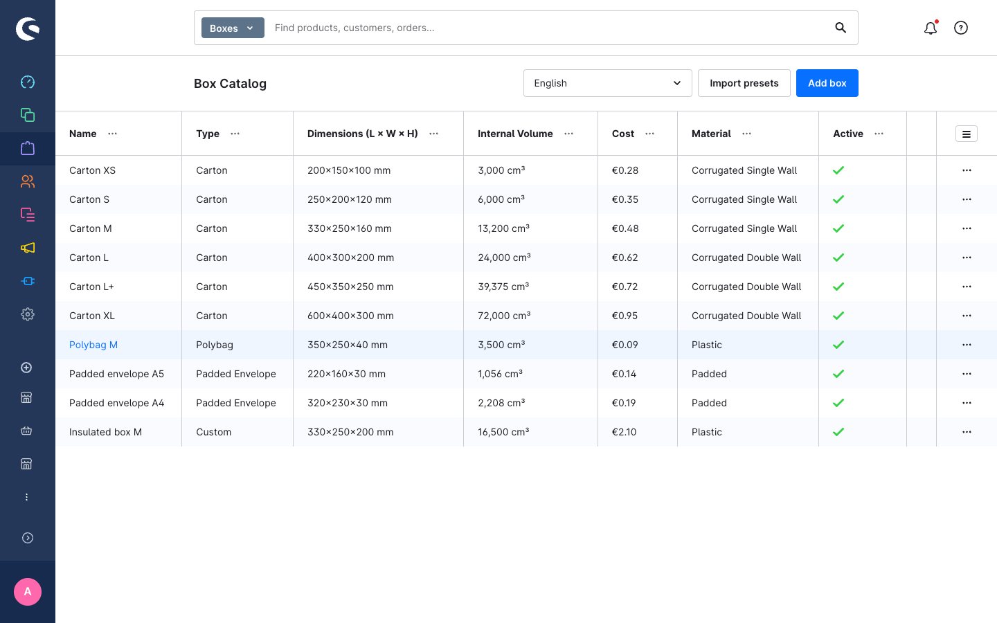 Box catalog with preset boxes imported