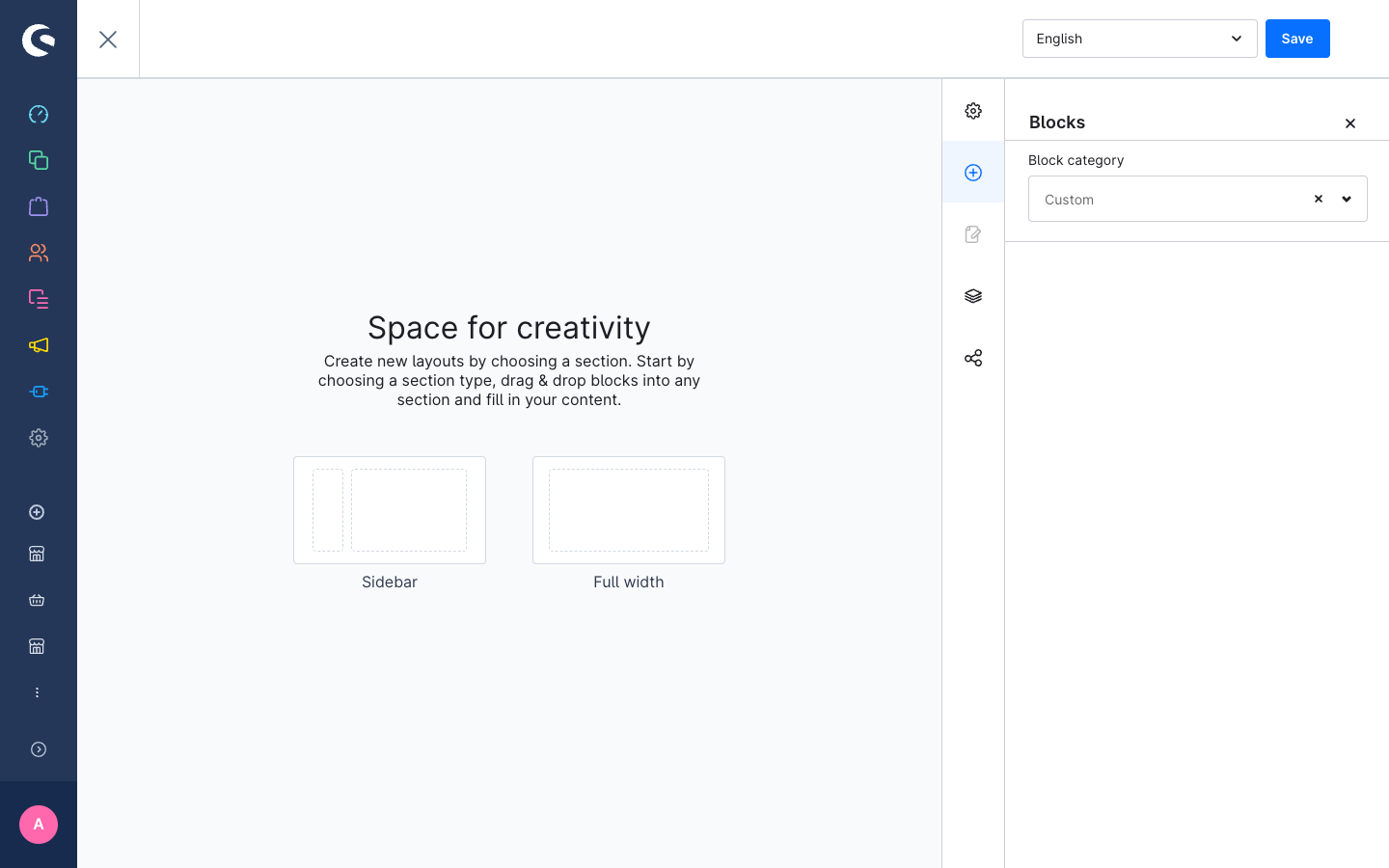 CMS editor block picker showing the Custom category with the new custom block