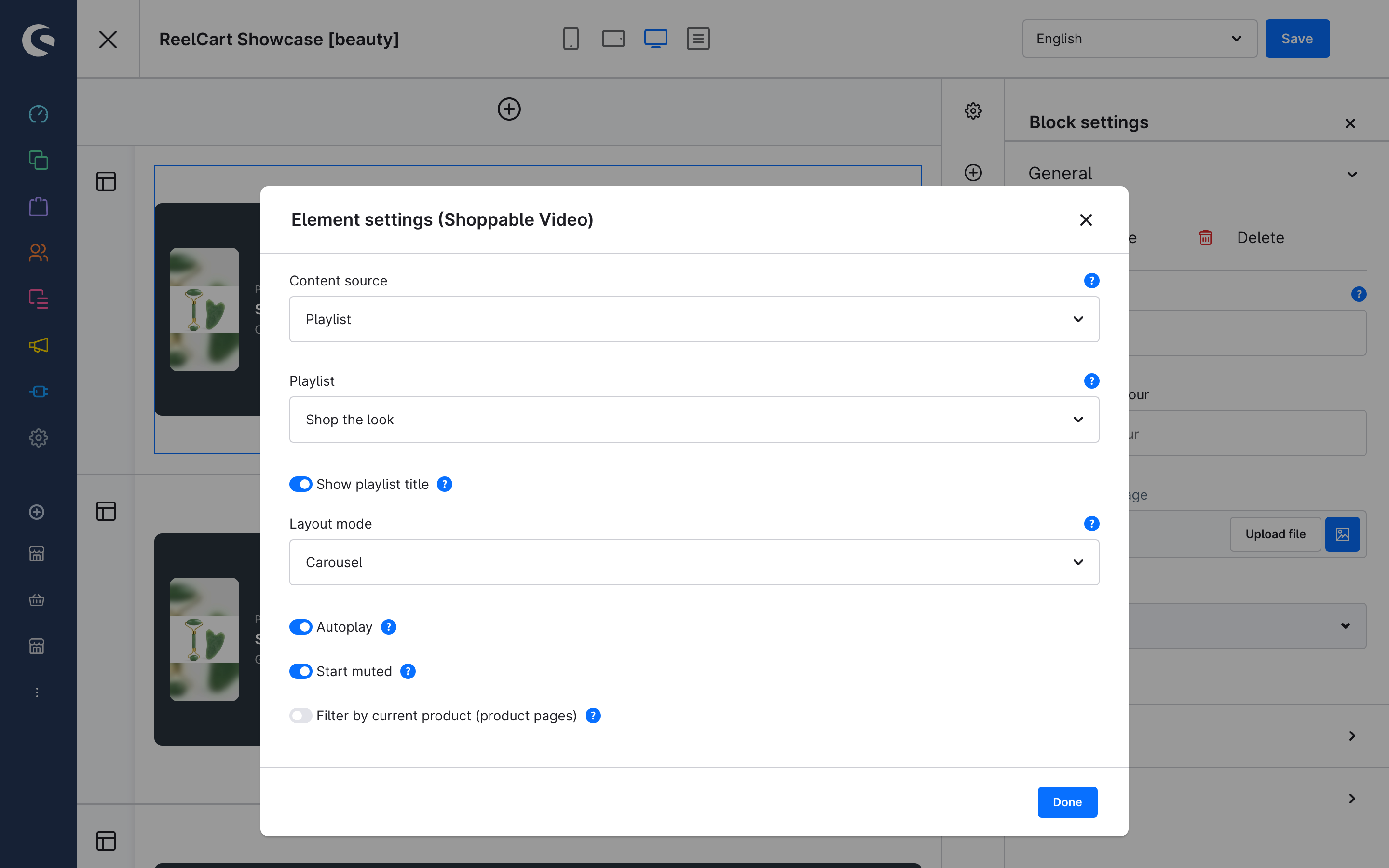 The element settings modal