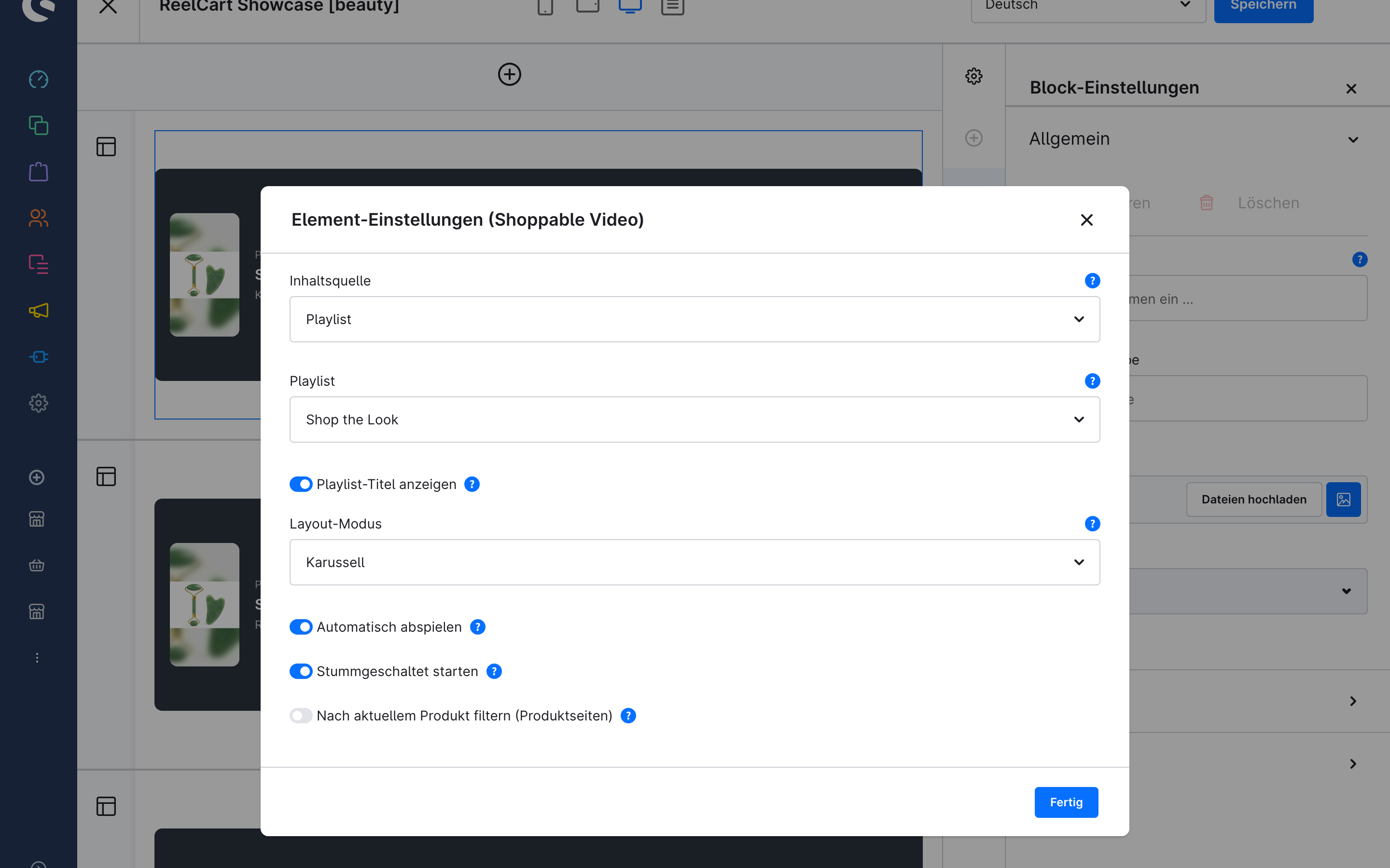 Das Modal mit den Element-Einstellungen