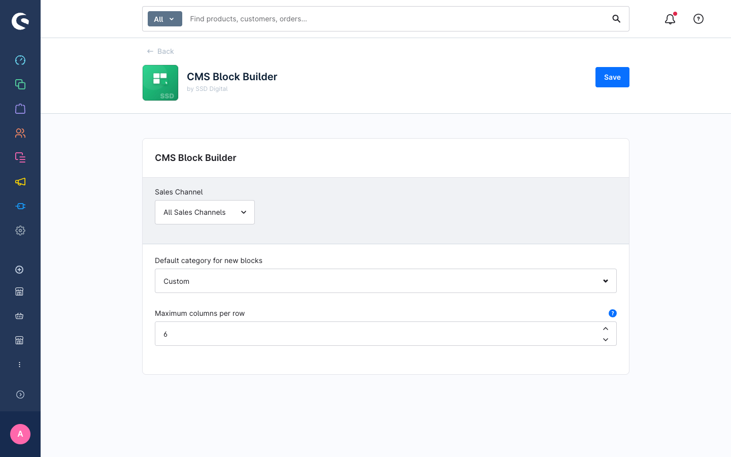 Plugin configuration page showing defaultCategory and maxColumnsPerRow settings