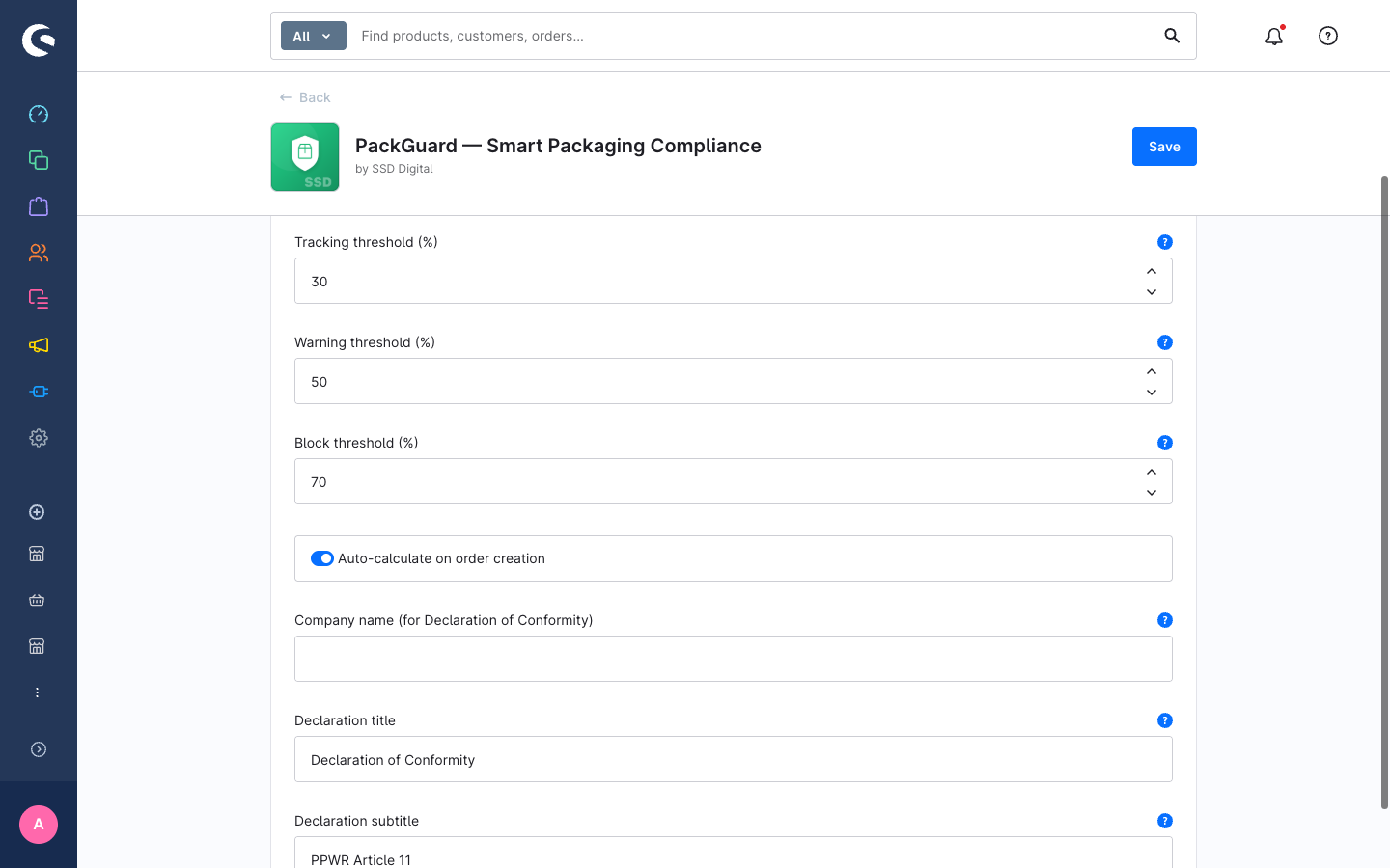 PackGuard configuration page