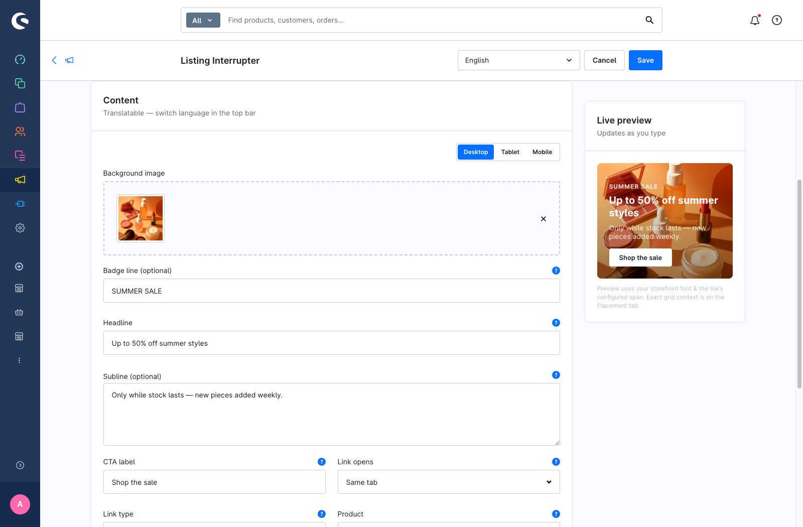The Content tab with the banner fields and the live preview