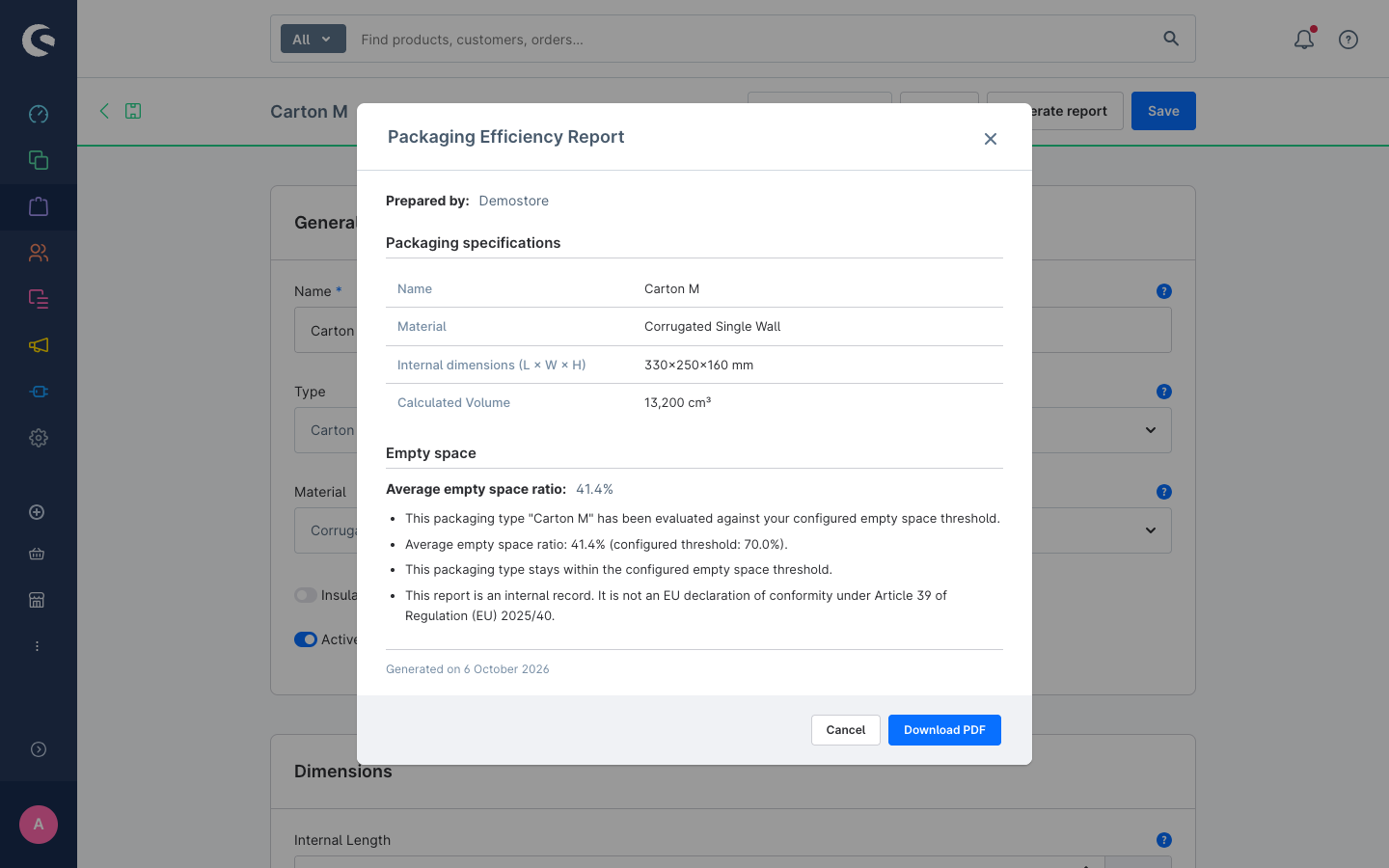 Packaging Efficiency Report preview modal