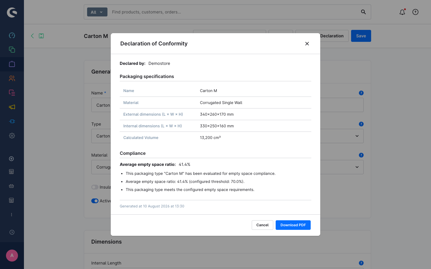 Declaration of Conformity preview modal