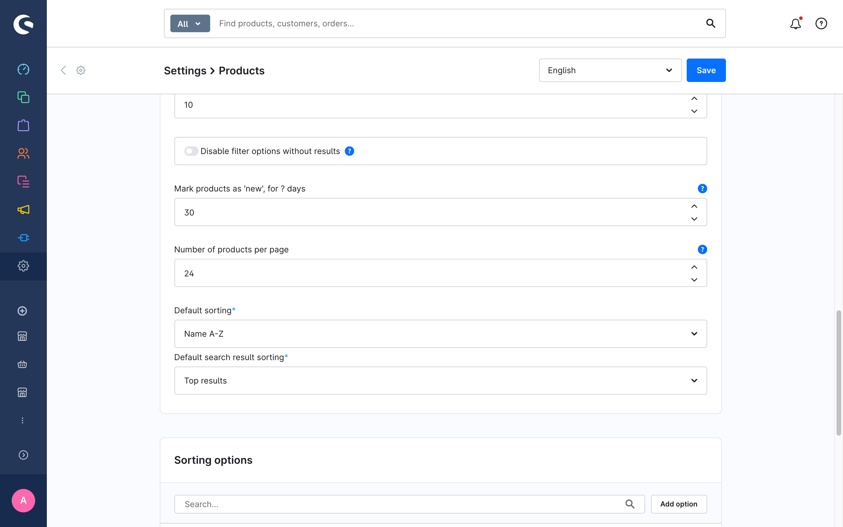 The default sorting in the Shopware product settings