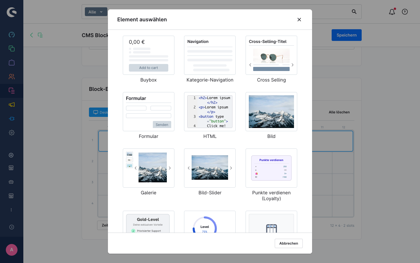 Element-Picker-Modal mit CMS-Element-Vorschauen
