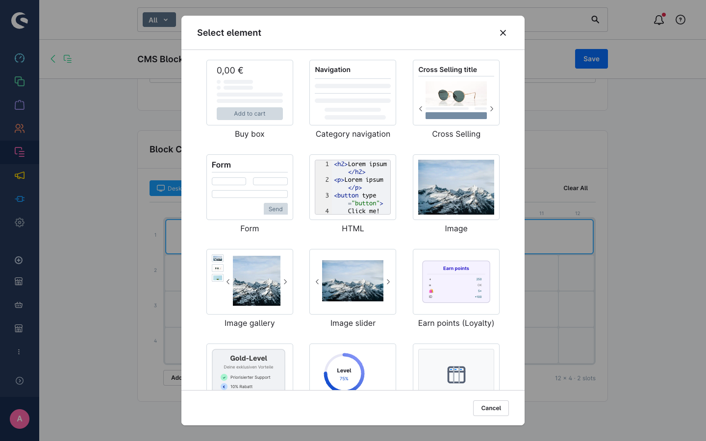 Element picker modal showing CMS element preview thumbnails