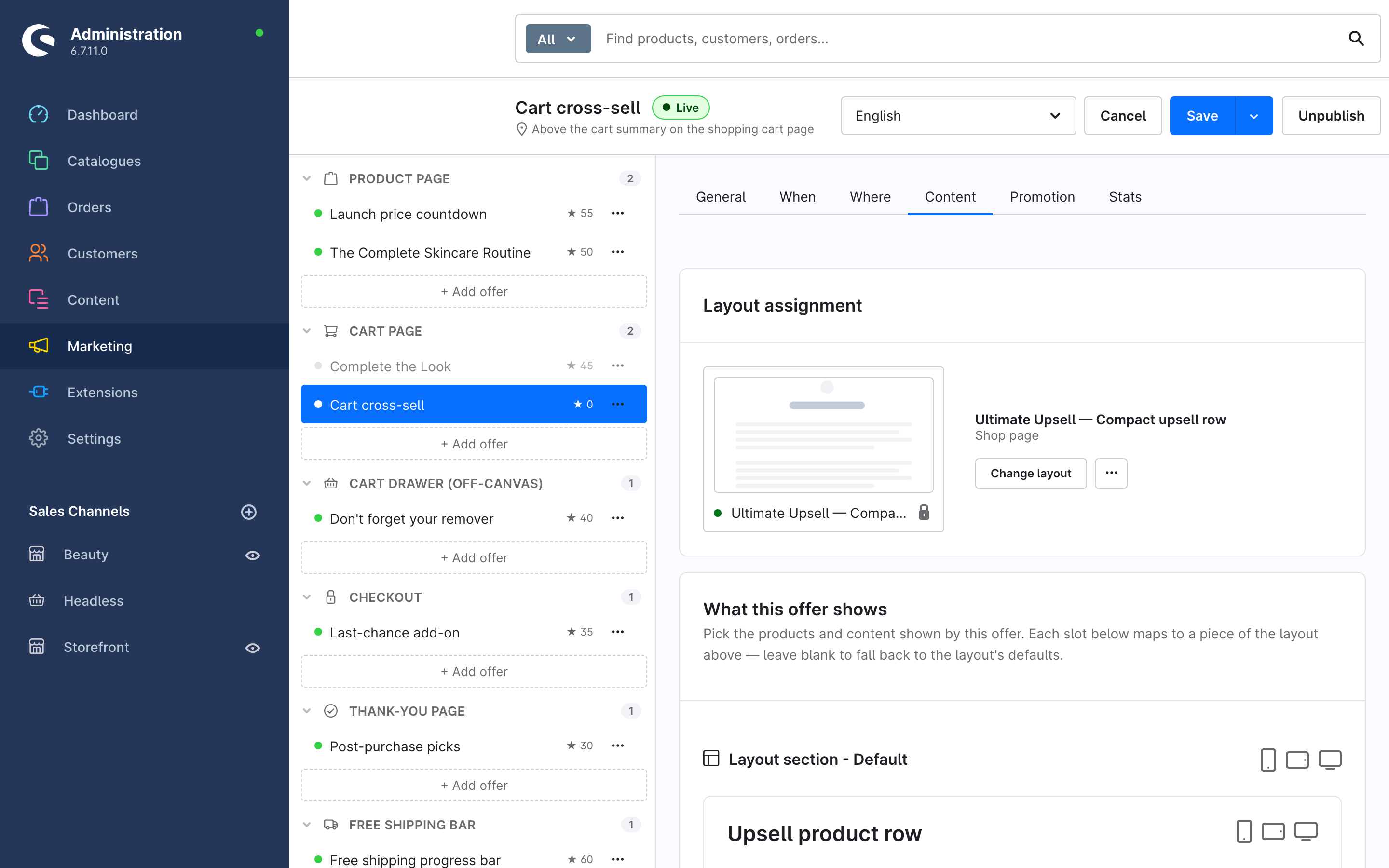 The Content tab with layout assignment and slot products