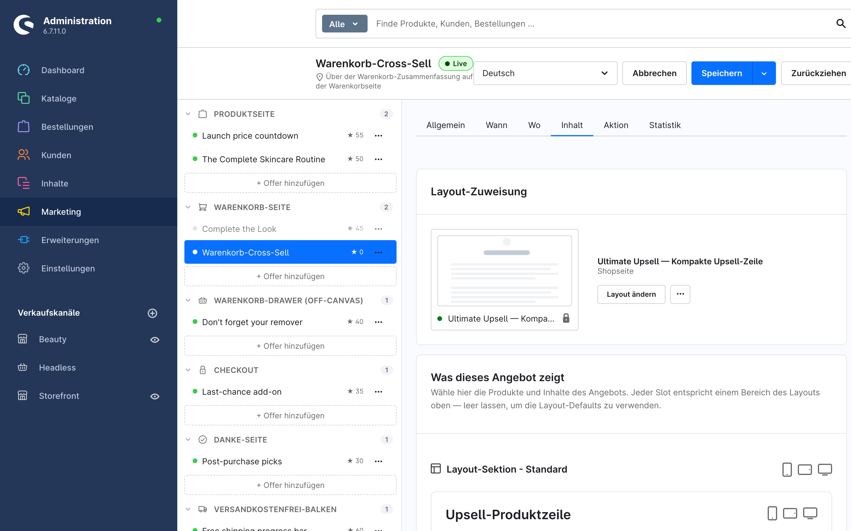Der Inhalt-Tab mit Layout-Zuweisung und Slot-Produkten