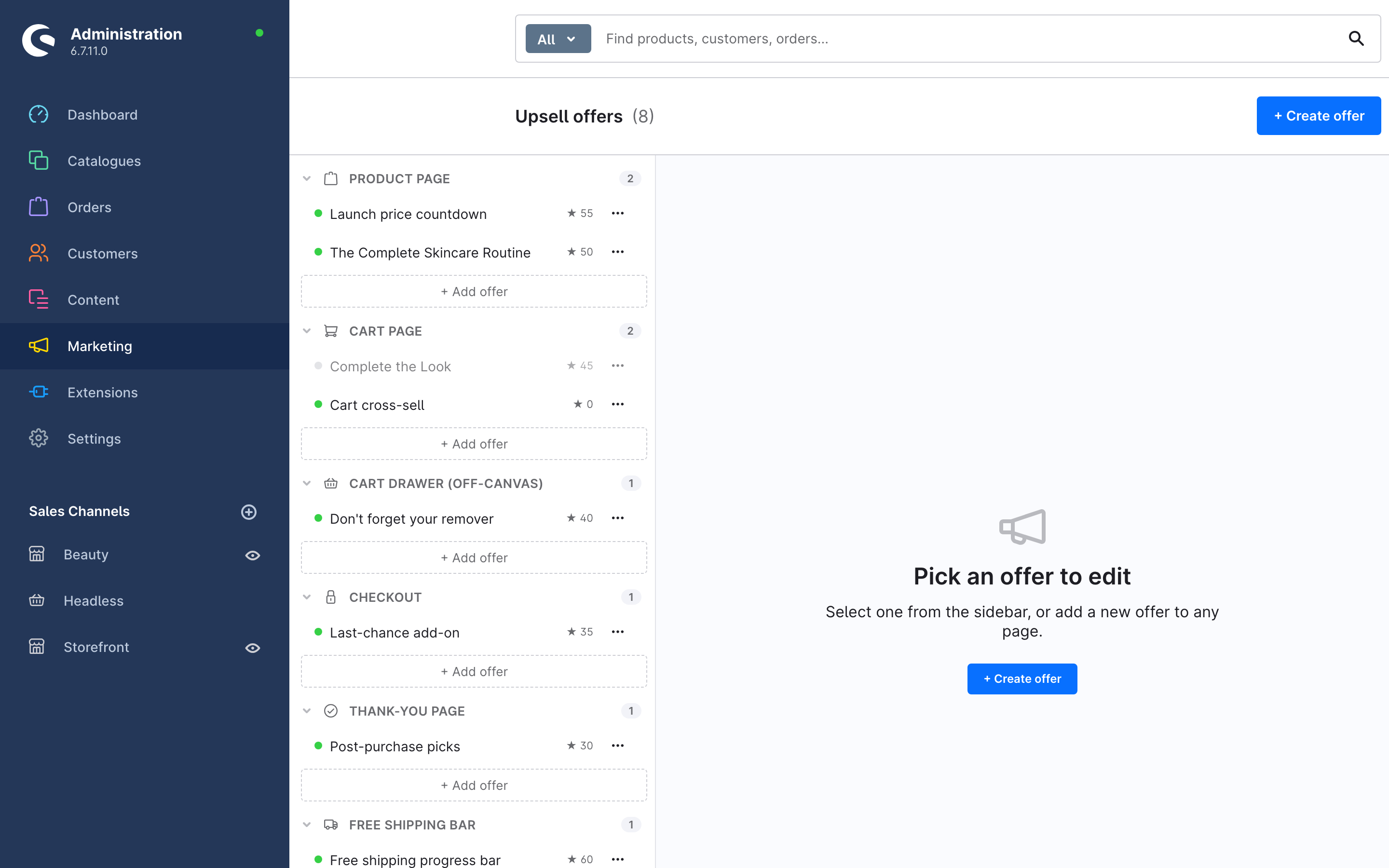 The offer list with the placement sidebar