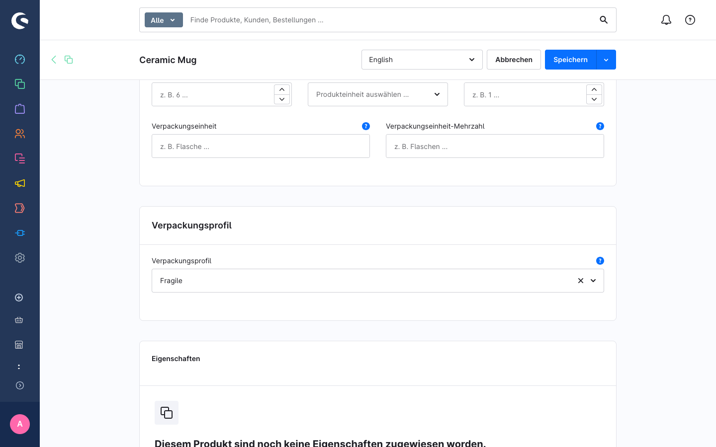 Spezifikationen-Tab mit der Verpackungsprofil-Karte