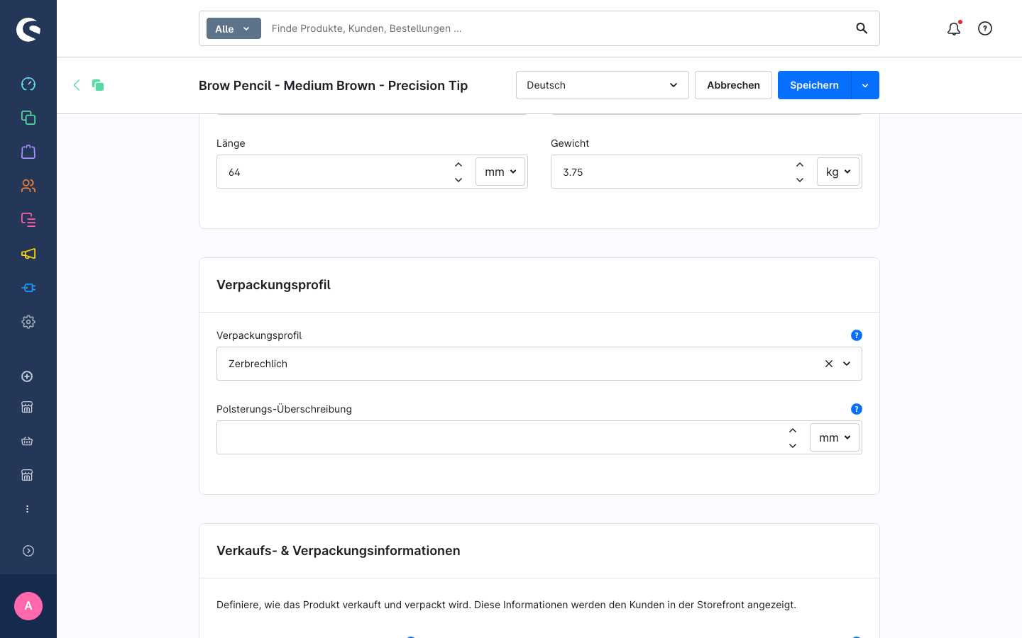 Spezifikationen-Tab mit der Verpackungsprofil-Karte