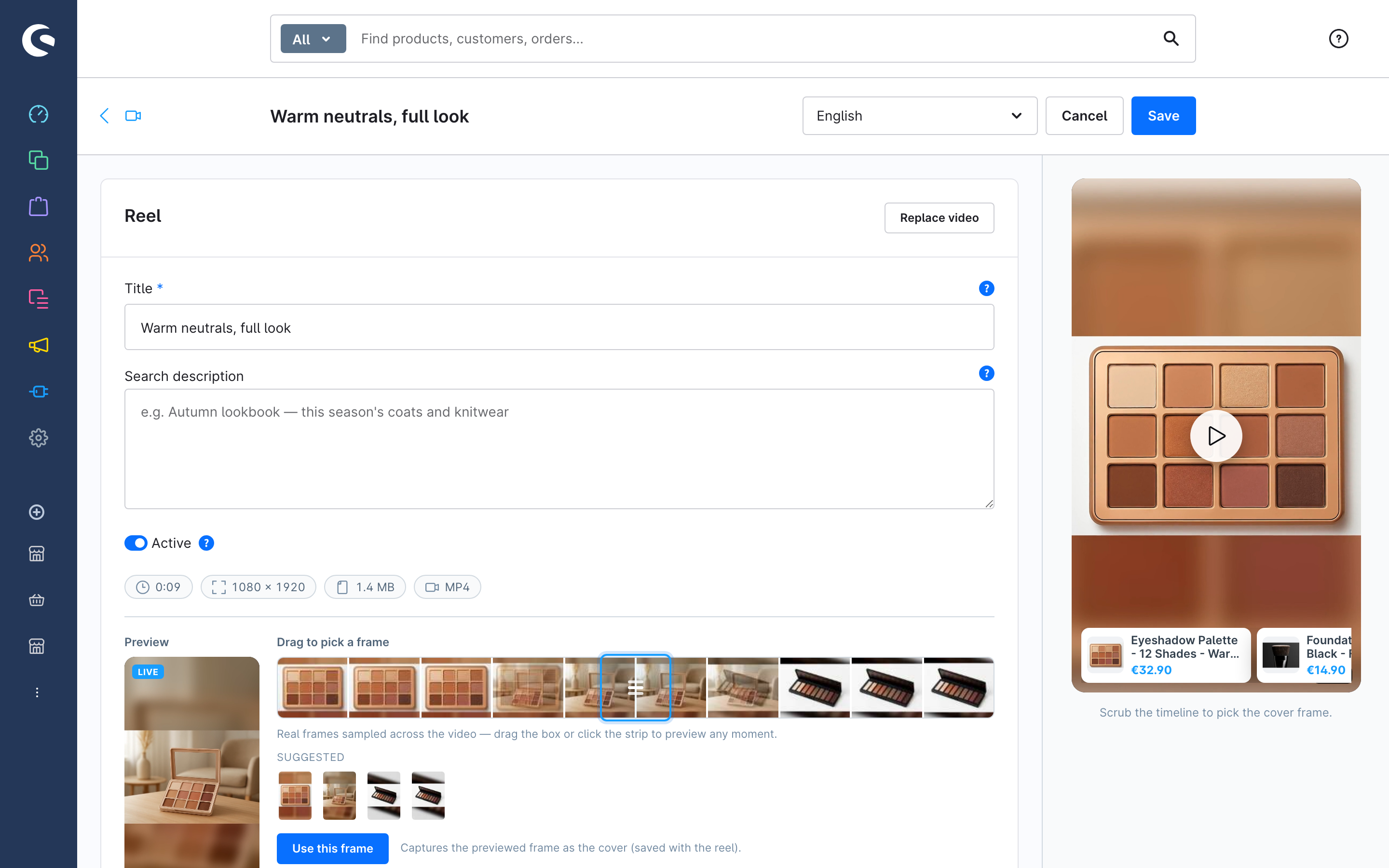 The reel editor with the cover frame strip