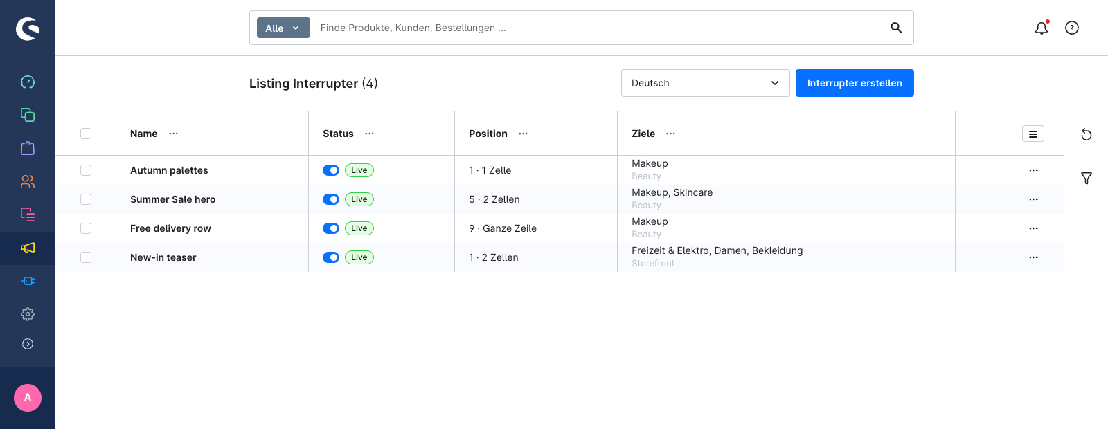 Die Übersichtsseite des Listing Interrupters