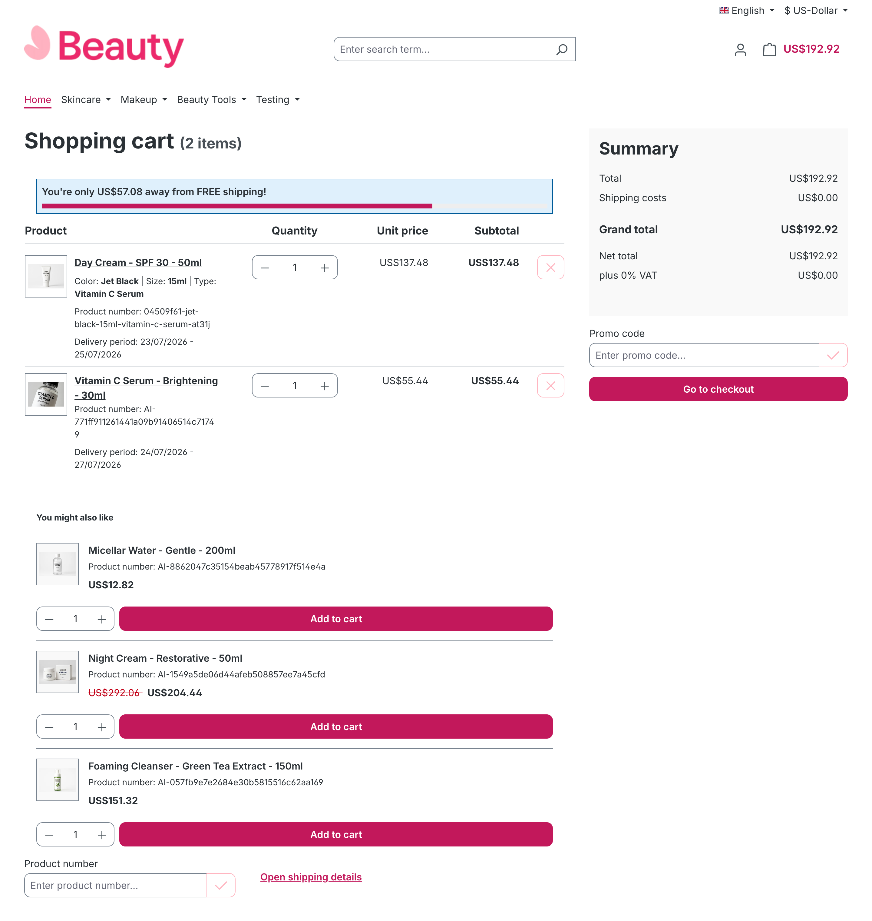 The free-shipping bar on the cart page
