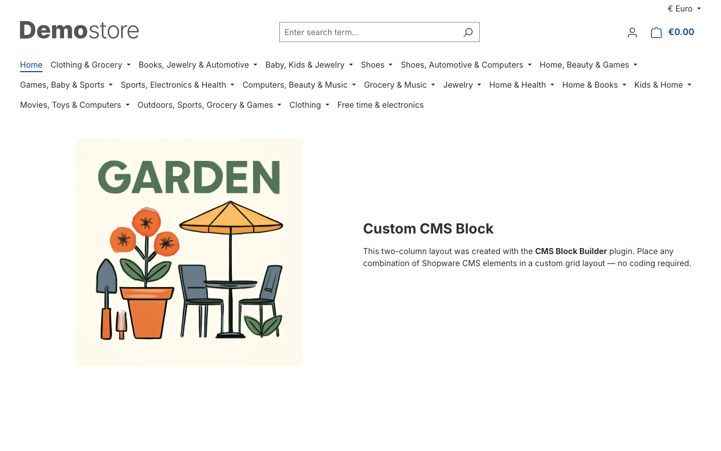 Storefront rendering of the custom block — two-column CSS Grid layout